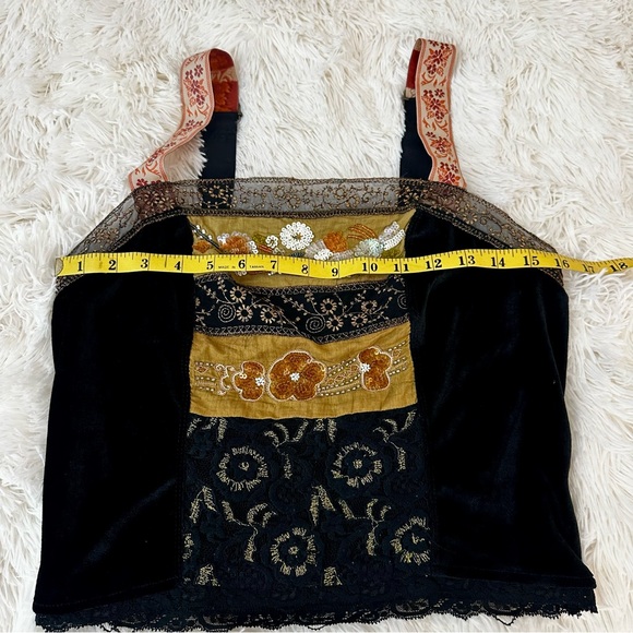 Free People Hold Me Close Embroidered Black Gold Velvet Tank Top Size: Medium - Picture 3 of 10